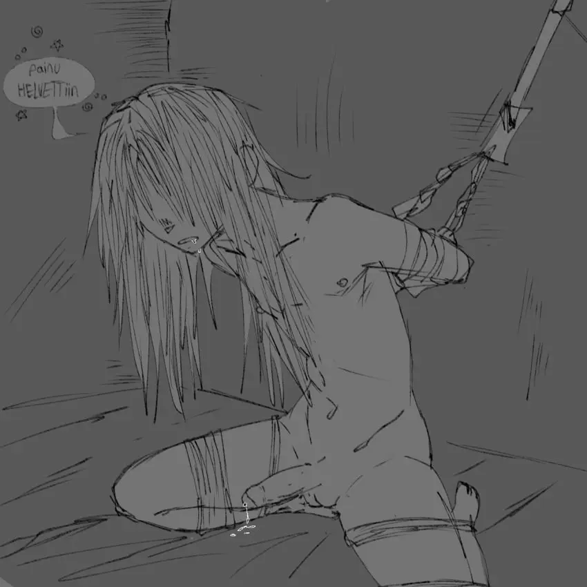 Image long_hair,male,nude,drooling,nude_male,restrained,skinny,bondage,solo_male,greyscale,black_metal,dead_(musician),mayhem_(band)