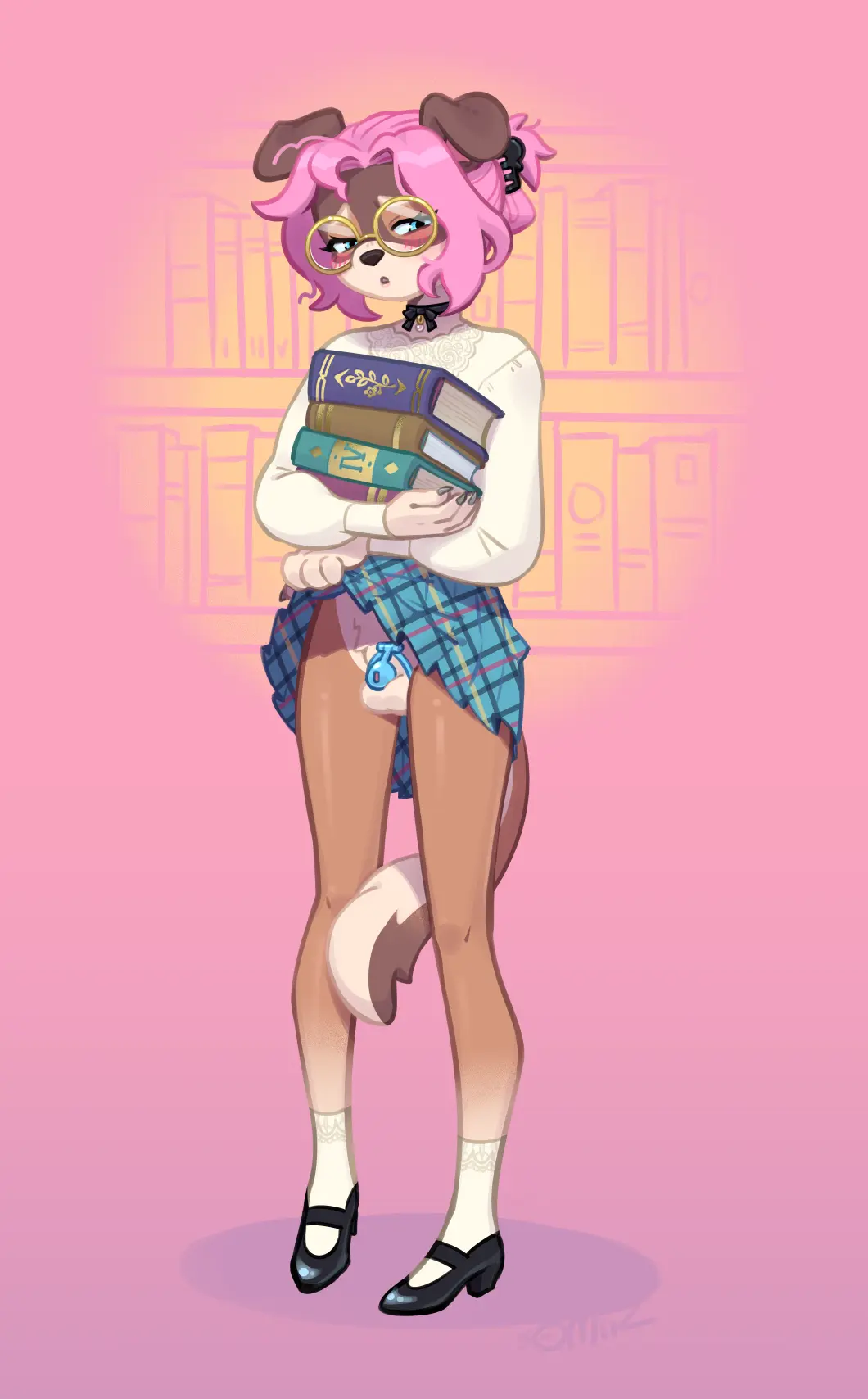 Image blush,clothed,clothing,hi_res,open_mouth,solo,male,penis,short_hair,tail,crossdressing,femboy,accessory,hair_accessory,white_clothing,balls,eyewear,glasses,hair,pink_hair,anthro,presenting,skirt,canid,canine,canis,domestic_dog,footwear,genitals,holding_object,inside,mammal,multicolored_body,two_tone_body,claws,chastity_cage,partially_clothed,black_nose,girly,2024,biped,white_body,front_view,book,blush_lines,leg_markings,markings,brown_body,skirt_lift,floppy_ears,black_clothing,black_footwear,bottomwear,looking_aside,pattern_clothing,clothing_lift,presenting_penis,socks_(marking),countershade_torso,countershading,round_glasses,chastity_device,white_markings,holding_book,countershade_tail,countershade_face,pattern_bottomwear,plaid,plaid_skirt,plaid_clothing,pattern_skirt,plaid_bottomwear,somik,val_(scottyboy76567)