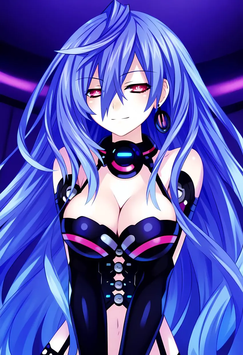 Image big_breasts,breasts,female,light-skinned_female,long_hair,looking_at_viewer,smile,earrings,ai_generated,bare_midriff,bare_shoulders,cleavage,pink_eyes,goddess,purple_hair,collar,front_view,close-up,neptunia_(series),iris_heart,plutia,cyb3rd3votion