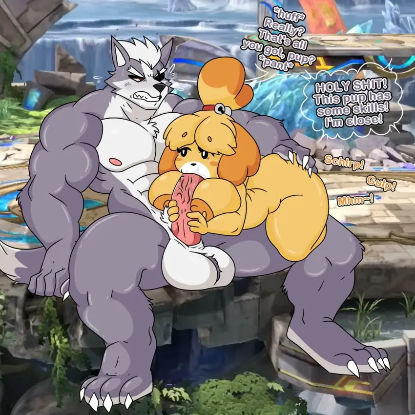 Image breasts,female,hi_res,white_hair,male,oral,penis,ass,sex,duo,fellatio,muscular,muscular_male,balls,hair,male/female,anthro,text,blonde_hair,nintendo,canid,canine,canis,domestic_dog,genitals,grey_body,mammal,wolf,yellow_body,english_text,animal_crossing,isabelle_(animal_crossing),penile,super_smash_bros.,star_fox,wolf_o'donnell,sprigatitoartz,super_smash_bros._ultimate
