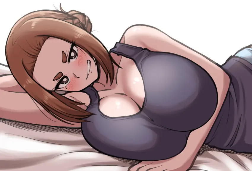 Image 1girls,big_breasts,breasts,female,large_breasts,voluptuous,cleavage,huge_breasts,mole,busty,curvy,curvy_body,curvy_female,curvy_figure,brown_hair,bed,mole_under_eye,curvaceous,short_eyebrows,kaii_to_otome_to_kamikakushi,small_eyebrows,sumireko_ogawa,kiteman442