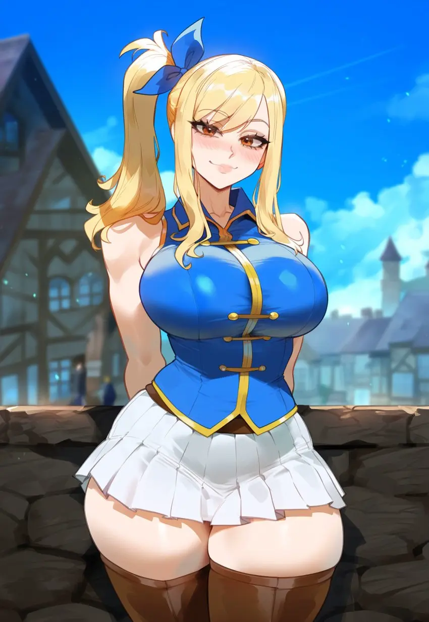 Image breasts,brown_eyes,female,large_breasts,thick_thighs,wide_hips,ai_generated,blonde_hair,curvy,thiccwithaq_(ai_style),fairy_tail,lucy_heartfilia,blue_blouse,creamy_ai