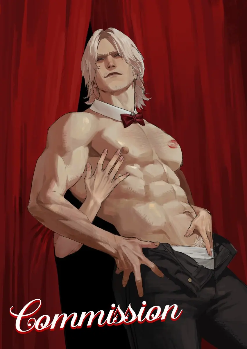 Image looking_at_viewer,white_hair,male,underwear,muscular,muscular_male,male_only,yaoi,pubic_hair,bara,topless,pecs,male_focus,pectorals,larger_male,toned,topless_male,facial_hair,large_pectorals,masculine_male,dilf,mature_male,older_male,devil_may_cry,toned_male,buff,handsome,dante,devil_may_cry_5,handsome_man
