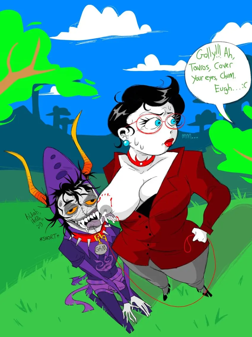 Image 1girls,big_breasts,breasts,female,mostly_clothed,1boy,black_hair,blue_eyes,male,sweat,earrings,white_skin,horns,glasses,milk,sweatdrop,lactating,lactation,blood,red_lipstick,bite_mark,public,grey_body,dialogue,fangs,on_knees,skinny,chubby,chubby_female,white_body,outside,leash,fully_clothed,caught,troll,unbuttoned,red_clothing,yellow_sclera,leashed_collar,spiked_collar,grey_skin,skinny_male,dialogue_bubble,breast_milk,weird,bite_mark_on_breast,leash_and_collar,homestuck,ms_paint_adventures,licking_breast,jane_crocker,silly_face,codpiece,clownstongue,gamzee_makara,jake_english
