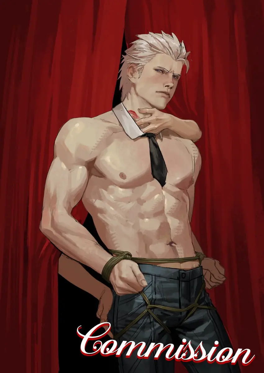 Image looking_at_viewer,white_hair,blue_eyes,male,muscular,muscular_male,bondage,male_focus,abs,annoyed,mature_male,shirtless,devil_may_cry,hair_slicked_back,devil_may_cry_5,vergil