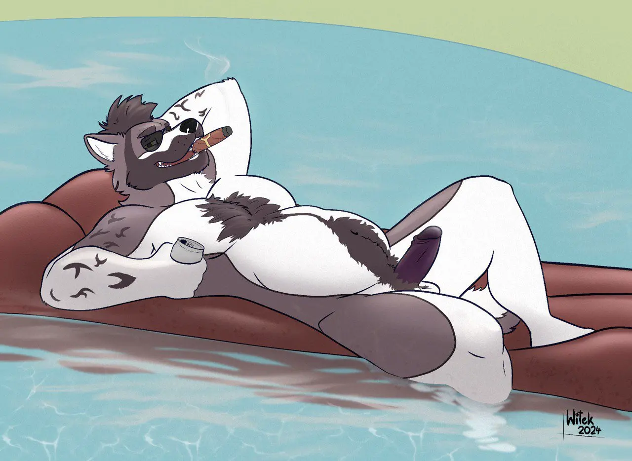 Image looking_at_viewer,smile,solo,male,navel,nude,penis,erection,muscular,belly,grin,grinning_at_viewer,balls,eyewear,anthro,slightly_chubby,canid,canine,canis,domestic_dog,genitals,mammal,pecs,2024,happy_trail,pubes,partially_submerged,smoke,beard,sunglasses,facial_hair,smoking,beer,drinking,body_hair,masculine_male,mature_male,eyewear_only,beverage,chest_hair,hand_behind_head,spitz,reclining,husky,nordic_sled_dog,musclegut,alcohol,cigar,pool_toy,smoking_cigar,belly_hair,sunglasses_only,witek_(artist),huskion,knee_raised