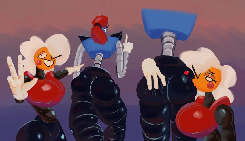 Image big_breasts,breasts,female,smile,white_hair,2girls,gloves,ass,big_ass,thick_thighs,hair_over_one_eye,wide_hips,eyelashes,yuri,ass_grab,thin_waist,robot,robot_girl,hand_on_ass,multiple_images,blush_stickers,dietdrrobo