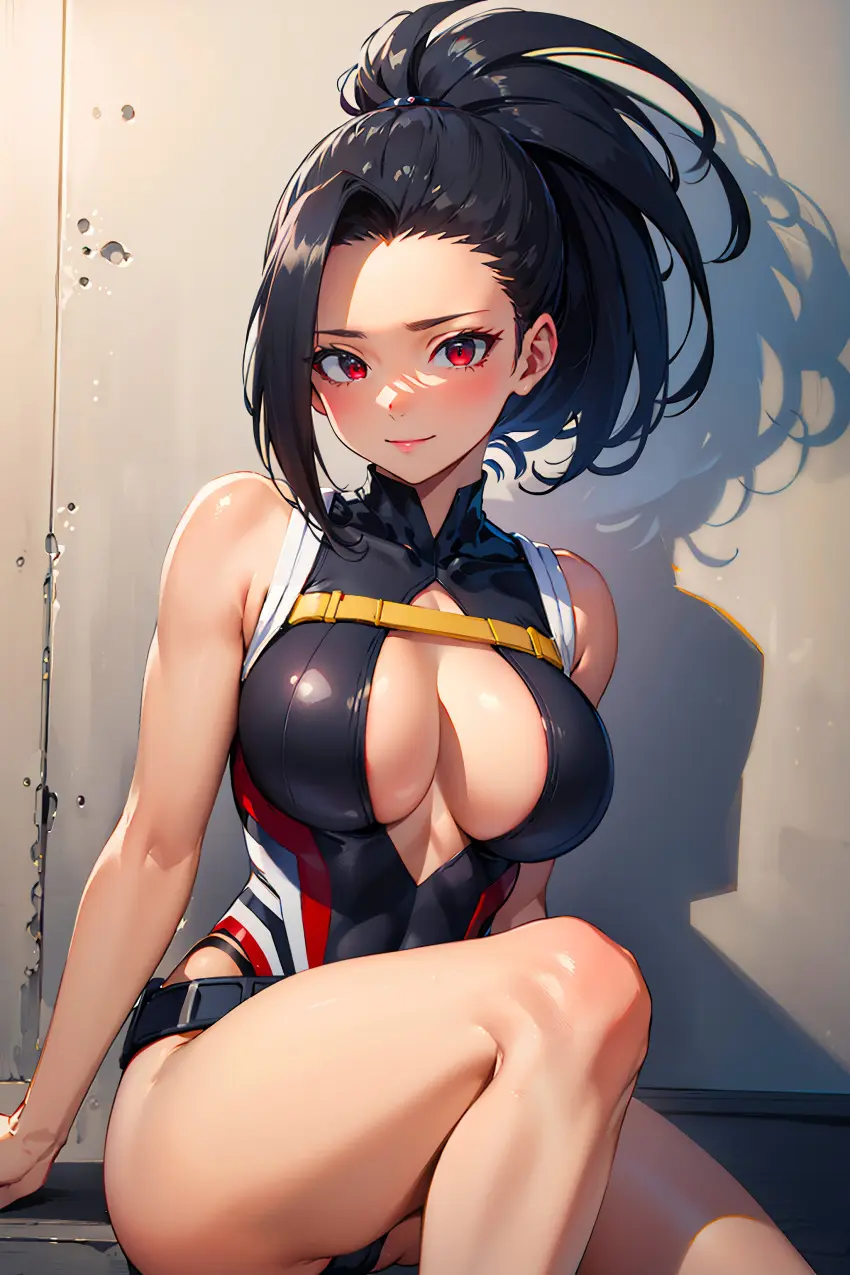 Image 1girls,female,long_hair,looking_at_viewer,red_eyes,solo,ponytail,ai_generated,cleavage,my_hero_academia,boku_no_hero_academia,leotard,boob_window,momo_yaoyorozu,murinelli2,ramdonwaifu
