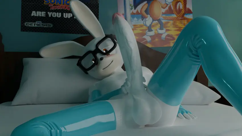 Image brown_eyes,clothing,hi_res,looking_at_viewer,smile,solo,male,penis,big_penis,male_only,balls,eyewear,glasses,huge_cock,anthro,veiny_penis,stockings,bed,presenting,big_balls,genital_fluids,bodily_fluids,fur,genitals,mammal,precum,latex,legwear,white_body,solo_male,vein,furniture,white_fur,lagomorph,blender_(software),presenting_penis,musk,presenting_balls,bel_(onlyathrowaway),onlyathrowaway