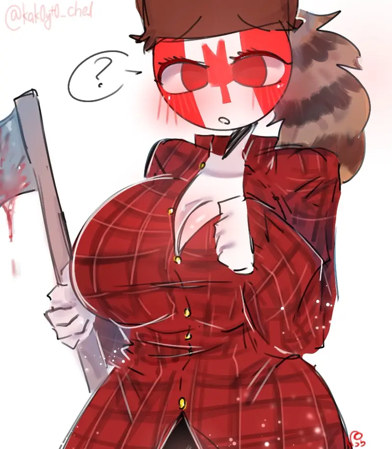 Image 1girls,big_breasts,blush,breasts,female,female_only,looking_at_viewer,red_eyes,solo,white_background,female_focus,hat,thighs,white_skin,watermark,clothed_female,collarbone,shading,solo_female,solo_focus,tagme,blood,holding_object,holding,blushing_at_viewer,big_thighs,holding_weapon,covered_breasts,bald,red_clothing,tagme_(artist),question_mark,leaf,axe,countryhumans,countryhumans_girl,canada_(countryhumans),among_us,among_us_reference,bald_female,red_clothes,blood_on_weapon,kak0yt0_chel,red_stripes,thin_neck
