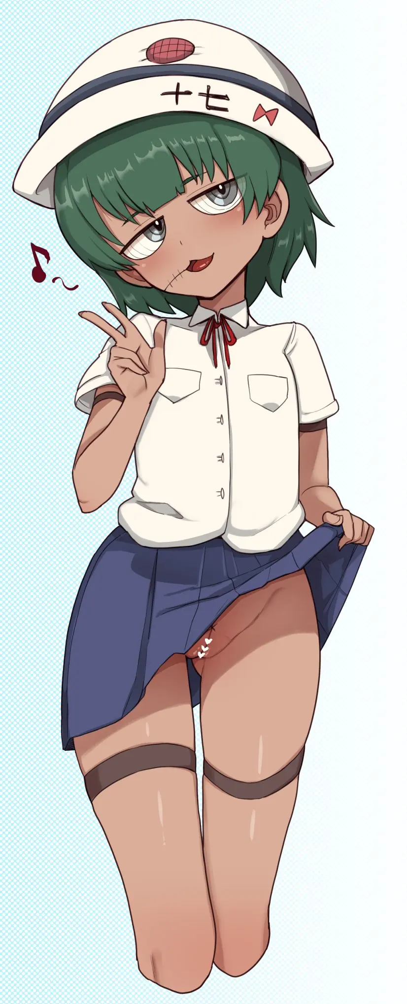 Image collared_shirt,female,head_tilt,highres,looking_at_viewer,open_mouth,pocket,shirt,solo,white_background,blue_eyes,pussy,blue_background,hat,thighs,gradient_background,original,censored,lifted_by_self,green_hair,skirt,no_panties,short_sleeves,white_shirt,pleated_skirt,clothes_lift,cropped_legs,heart,:3,blue_skirt,thigh_strap,skirt_lift,v,stitches,white_hat,ringed_eyes,heart_censor,arm_strap,:3d,musical_note,breast_pocket,glasgow_smile,halftone,halftone_background,okitaima