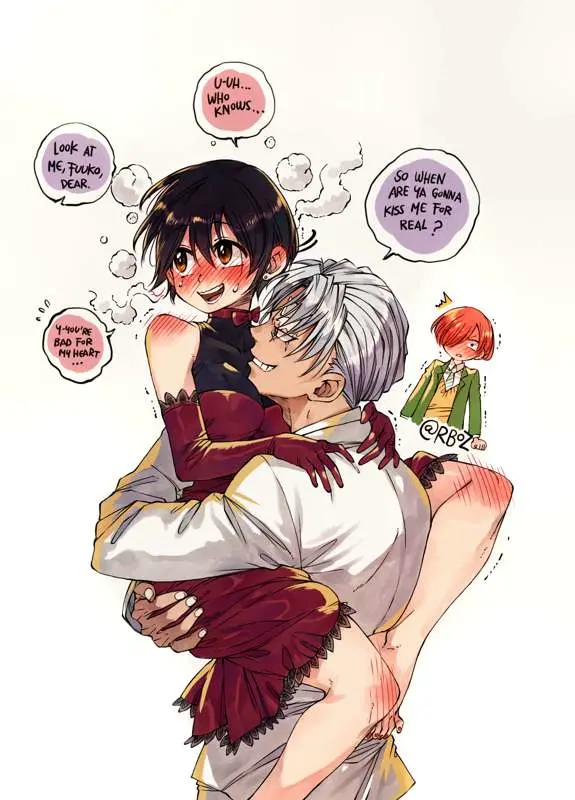 Image embarrassed,dress,couple,suit,flirting,andy_(undead_unluck),izumo_fuuko,rusky,undead_unluck