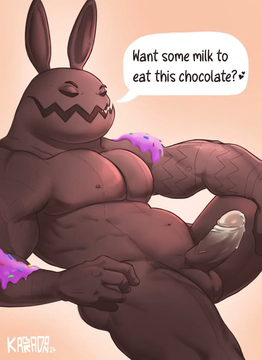 Image hi_res,nipples,open_mouth,simple_background,solo,1boy,male,nude,penis,erection,humanoid_penis,male_only,balls,anthro,veiny_penis,fortnite,text,absurd_res,half-closed_eyes,genital_fluids,bodily_fluids,genitals,mammal,precum,dialogue,heart,english_text,narrowed_eyes,2024,humanoid_genitalia,vein,glans,brown_body,lagomorph,leporid,rabbit,talking_to_viewer,epic_games,heart_symbol,brown_balls,brown_penis,food,brown_nipples,food_creature,candy,chocolate,dessert,living_candy,chocolate_bunny,brown_glans,bun_bun_(fortnite),kagradon,living_chocolate