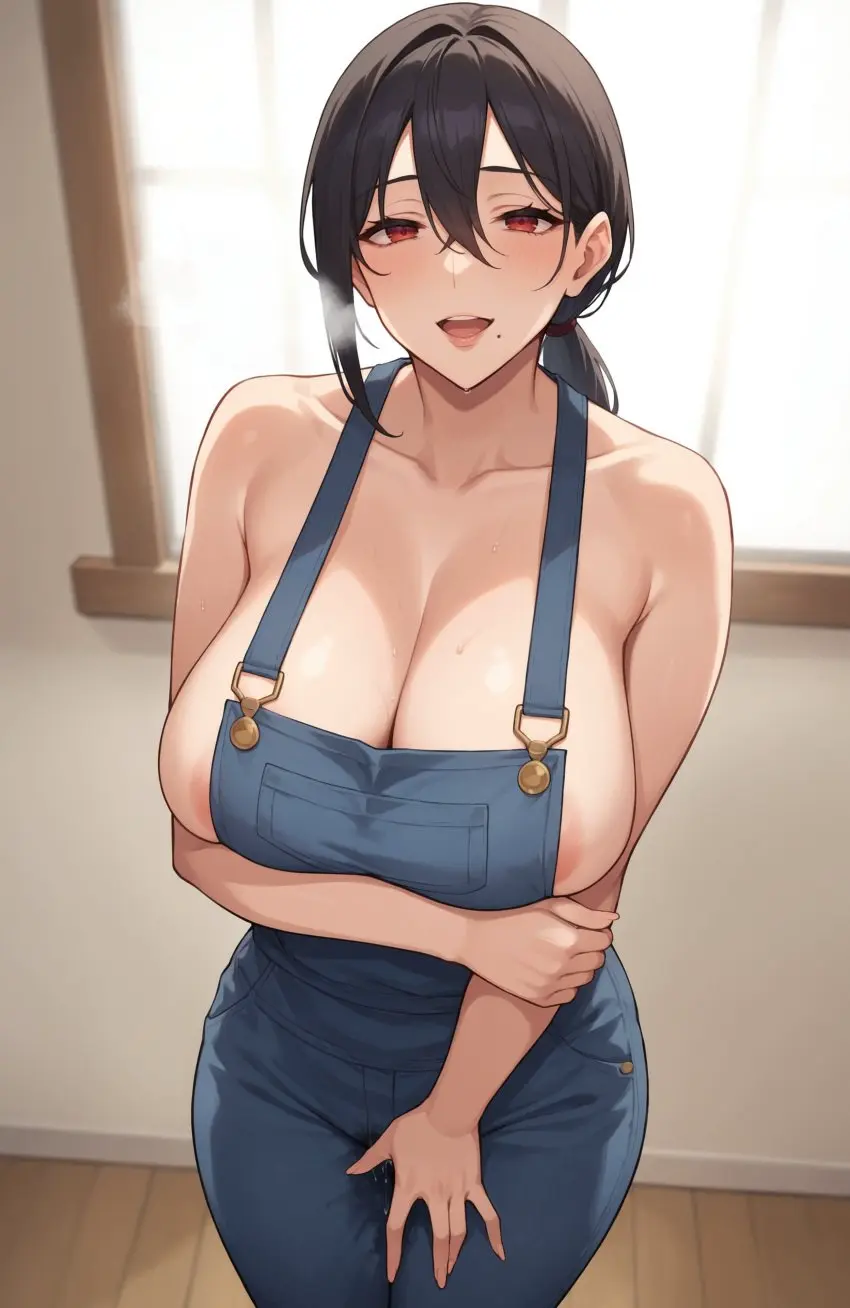 Image 1girls,breasts,brown_eyes,female,hi_res,light-skinned_female,light_skin,long_hair,simple_background,thick_thighs,thighs,milf,wide_hips,hips,ai_generated,cleavage,overalls,huge_breasts,original,original_character,brown_hair,mature_female,indoors,stuffyai