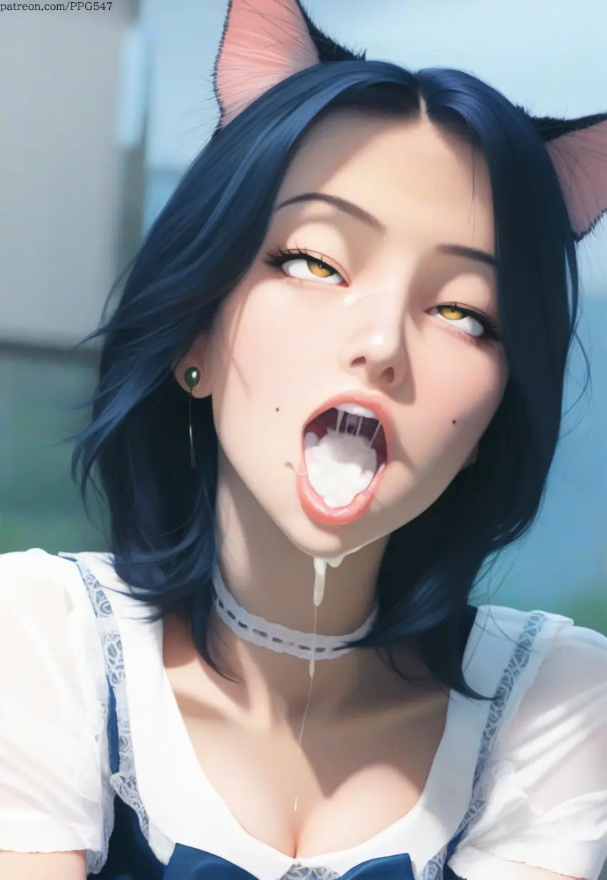 Image female,open_mouth,cum,cum_in_mouth,yellow_eyes,choker,cat_ears,catgirl,ai_generated,collarbone,ahe_gao,original,original_character,mole,after_oral,nai_diffusion,pujopg,shoulder_length_hair,cumdrip,rolling_eyes,dark_blue_hair