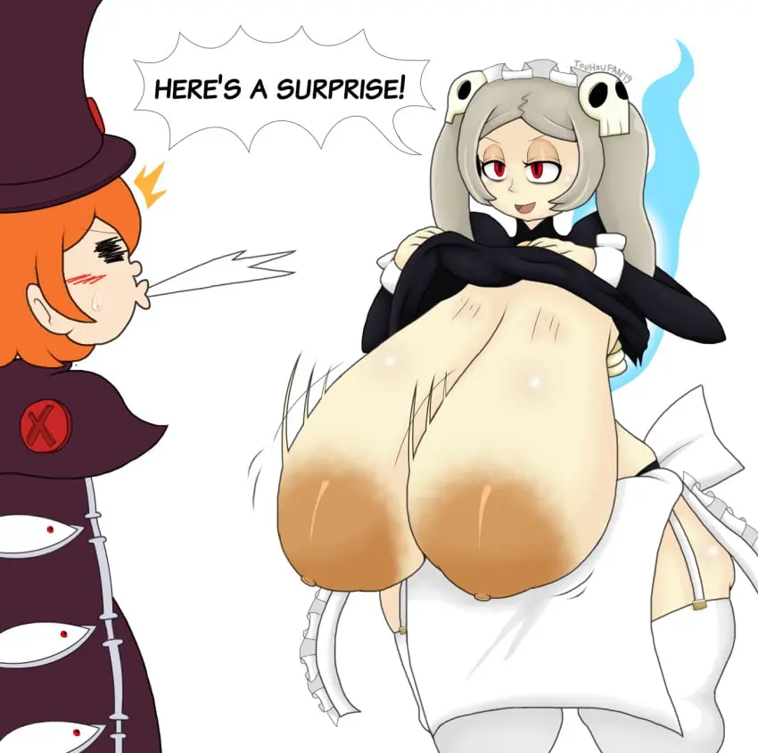 Image big_breasts,breasts,female,huge_breasts,text,gigantic_breasts,skullgirls,breast_awe,bloody_marie,marie_korbel,peacock_(skullgirls),touhoufan
