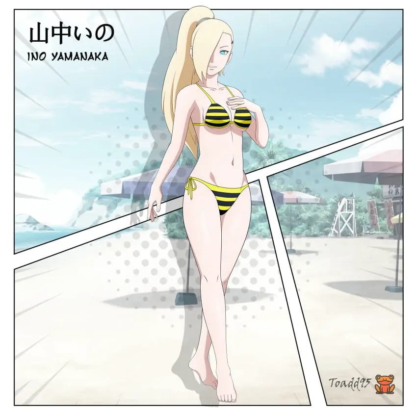 Image 1girls,female,female_only,long_hair,solo,very_long_hair,blue_eyes,bikini,voluptuous,barefoot,hair_over_one_eye,ponytail,milf,beach,feet,artist_name,cleavage,midriff,solo_focus,text,blonde_hair,swimsuit,petite,accurate_art_style,mature_female,outdoors,bikini_top,mature,naruto,naruto_(series),bikini_bottom,boruto:_naruto_next_generations,japanese_text,full_body,side-tie_bikini,commentary,yellow_bikini,character_name,seaside,side-tie_bikini_bottom,ino_yamanaka,striped_bikini,yamanaka_ino,kanji,toadd95