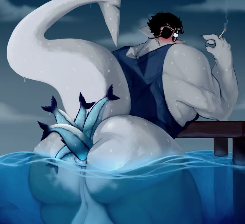 Image clothed,clothing,hi_res,male,ass,water,anal,anal_sex,balls,anthro,penetration,genitals,bottomless,fish,marine,shark,feral,zoophilia,anthro_on_feral,partially_underwater_shot,underwater,guttergoon,roman_(guttergoon),fish_insertion