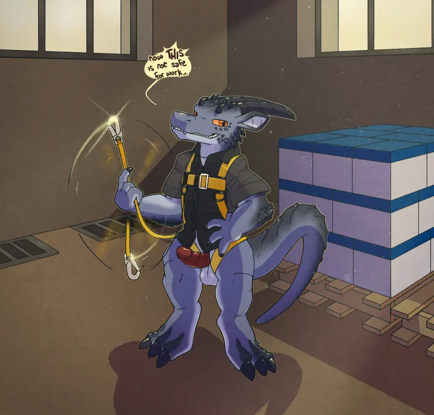Image clothed,clothing,hi_res,shirt,solo,male,penis,erection,balls,hand_on_hip,genitals,horn,bottomless,reptile,scalie,window,topwear,sunlight,kobold,light,yellow_sclera,argon_vile,bottomless_male,lizard,light_beam,sunbeam,buttondown_shirt,pallet,safety_harness,shadowdile,warehouse