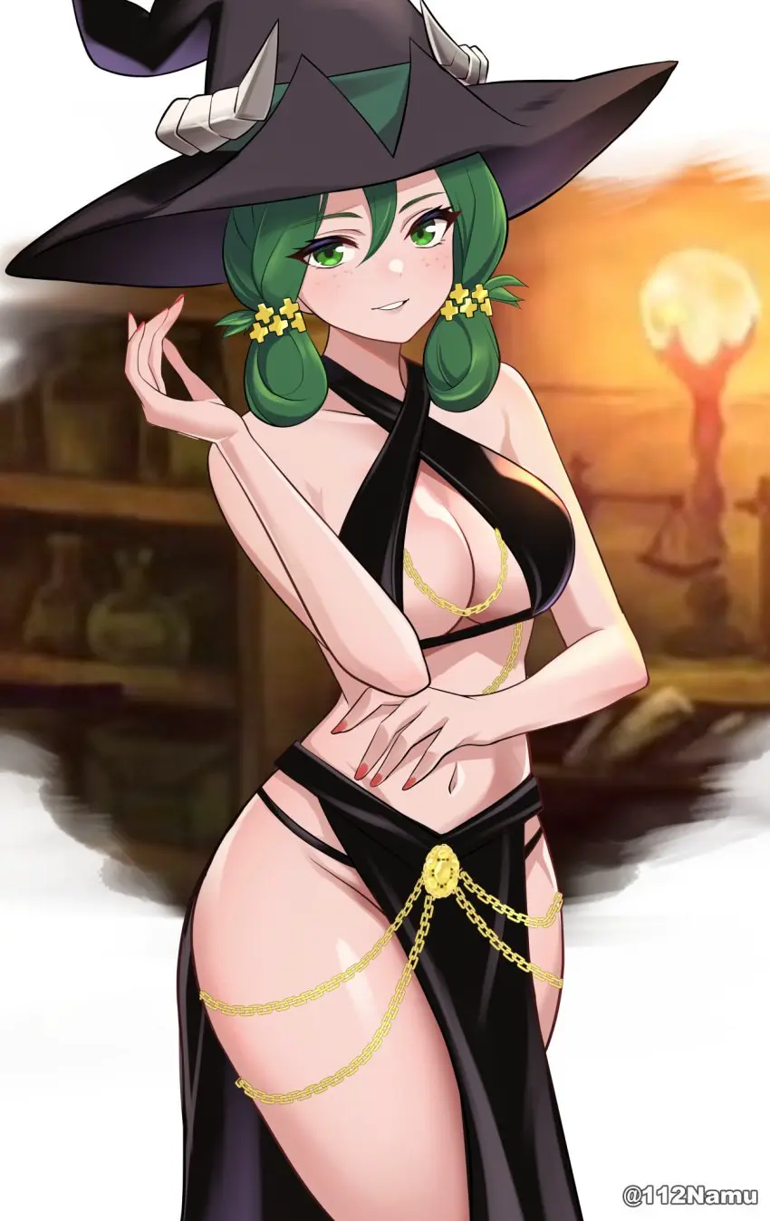 Image 1girls,breasts,female,female_only,looking_at_viewer,solo,nail_polish,witch_hat,yomorio_lingerie,red_nails,witch,unicorn_overlord,namu_(112namu),yahna_(unicorn_overlord)