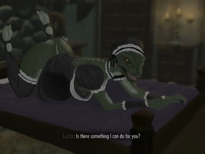 Image 1girls,female,looking_at_viewer,athletic,feet,anthro,maid_uniform,bedroom,dialogue,athletic_female,pantyhose,the_elder_scrolls,presenting_ass,tiny_breasts,visible_nipples,skyrim,toeless_socks,argonian_female,lusty_argonian_maid,mengao