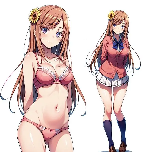 Image breasts,female,white_background,smiling_at_viewer,flower_in_hair,ai_generated,medium_breasts,schoolgirl,pink_panties,white_skirt,pink_bra,pink_underwear,asahina_nazuna,classroom_of_the_elite,muslos,wsax