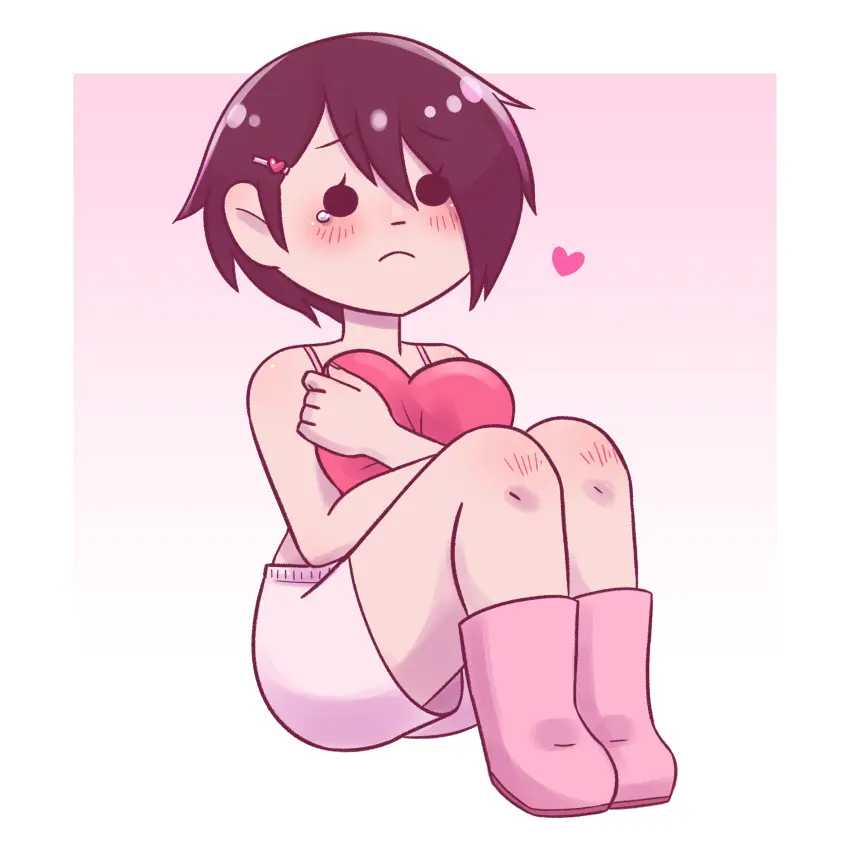 Image 1girls,blush,female,solo,black_hair,short_hair,bra,solo_female,hairclip,black_eyes,heart,partially_clothed,pillow,tear,asian,crossed_arms,boots,scott_pilgrim,valentine's_day,pink_bra,chinese,knives_chau,kvromi_kvlt