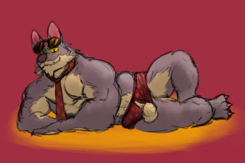 Image clothing,solo,male,underwear,muscular,male_only,balls,eyewear,anthro,bulge,canid,canine,canis,genitals,mammal,wolf,pecs,necktie,sunglasses,mostly_nude,body_hair,hairy_balls,f4rk4sh,dale_donovan_(friends_vs_friends),friends_vs_friends,open_underwear