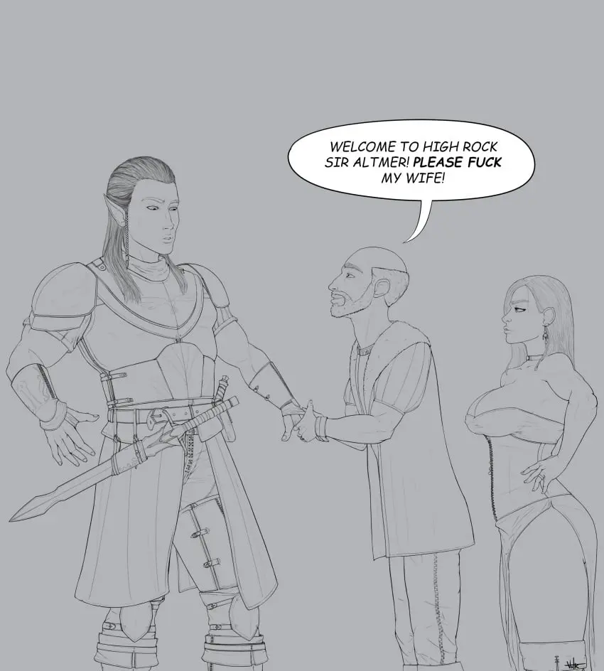 Image 1girls,breasts,female,human,large_breasts,male,thick_thighs,2boys,elf,black_and_white,dialogue,smirking,weapon,armor,confusion,the_elder_scrolls,cuckold,confused_look,funny,taller_male,altmer,breton,high_rock,volk_nsfw