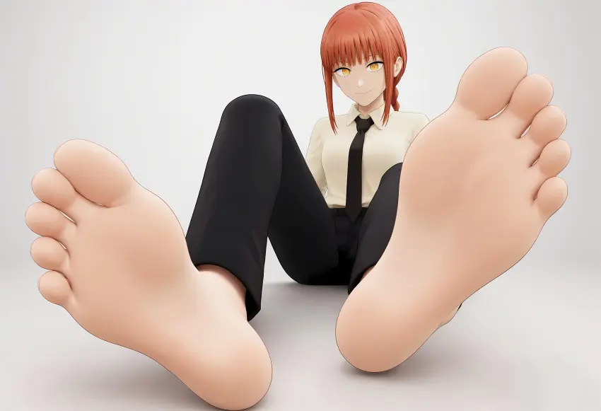 Image female,yellow_eyes,red_hair,feet,ai_generated,shiroppo,soles,chainsaw_man,makima_(chainsaw_man),foot
