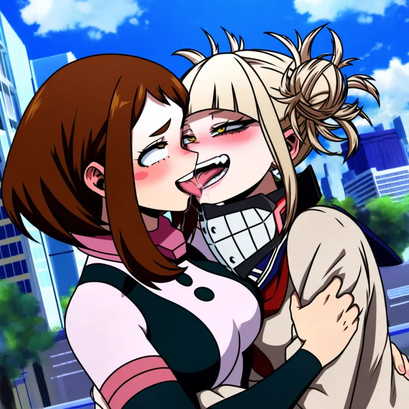 Image female,ai_generated,my_hero_academia,ochako_uraraka,ahe_gao,boku_no_hero_academia,yuri,sloppy,kissing,tongue_kiss,french_kissing,himiko_toga,powerhouserift,tongue_touching_another's_tongue,tongues_touching