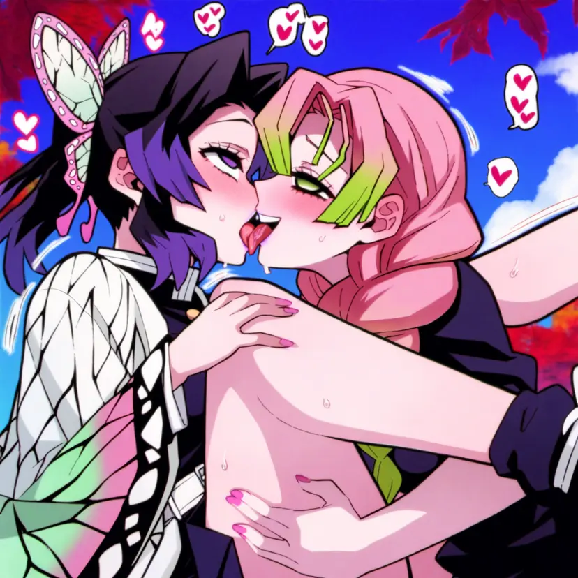 Image female,female_only,2girls,multiple_girls,ai_generated,ahe_gao,yuri,kissing,ai_hands,demon_slayer,kimetsu_no_yaiba,tongue_kiss,french_kissing,powerhouserift,kochou_shinobu,tongue_touching_another's_tongue,tongues_touching