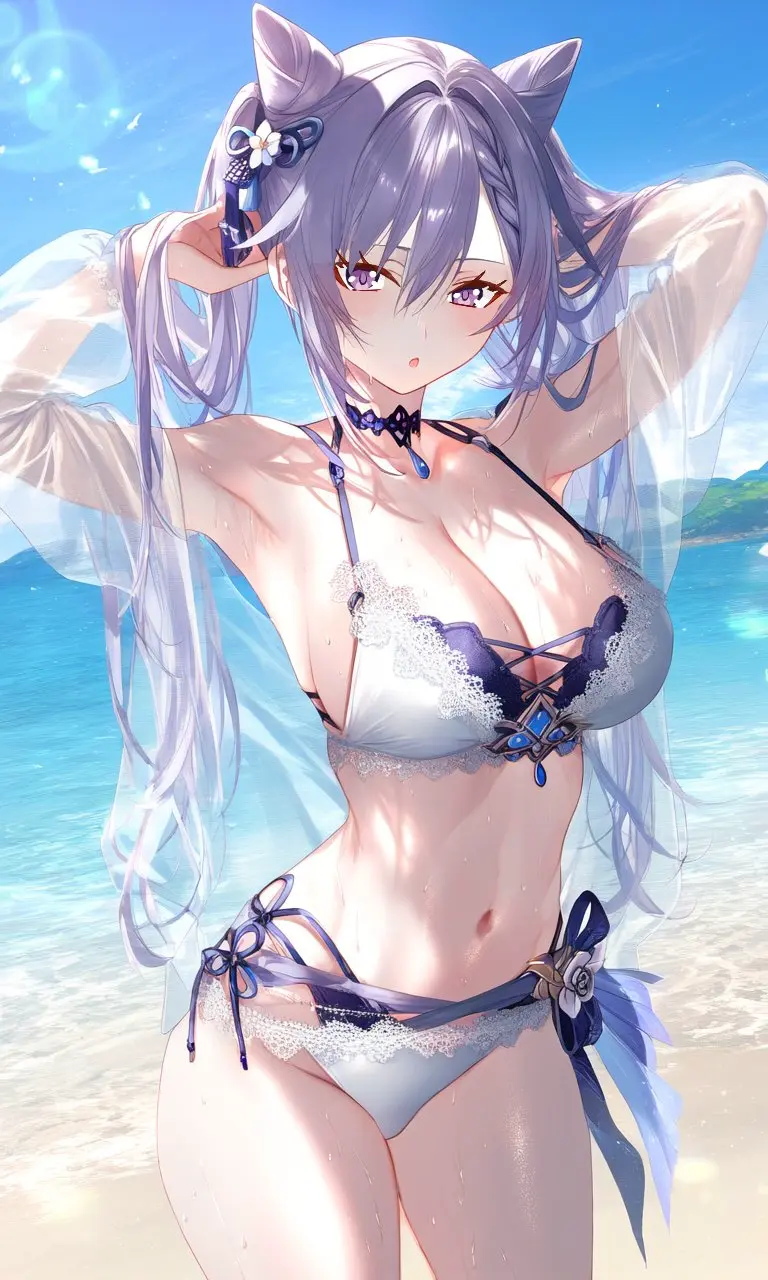 Image big_breasts,breasts,female,female_only,hair_ornament,light-skinned_female,light_skin,long_hair,looking_at_viewer,standing,bikini,female_focus,beach,cat_ears,water,ocean,sky,ai_generated,belly_button,cleavage,solo_female,solo_focus,swimsuit,purple_eyes,wet,genshin_impact,purple_hair,outdoors,hourglass_figure,white_bikini,sand,young,wet_body,front_view,lowres,younger_female,day,summer,hoyoverse,purple_bikini,clouds,two_piece_swimsuit,ai,keqing_(genshin_impact),poyon_na