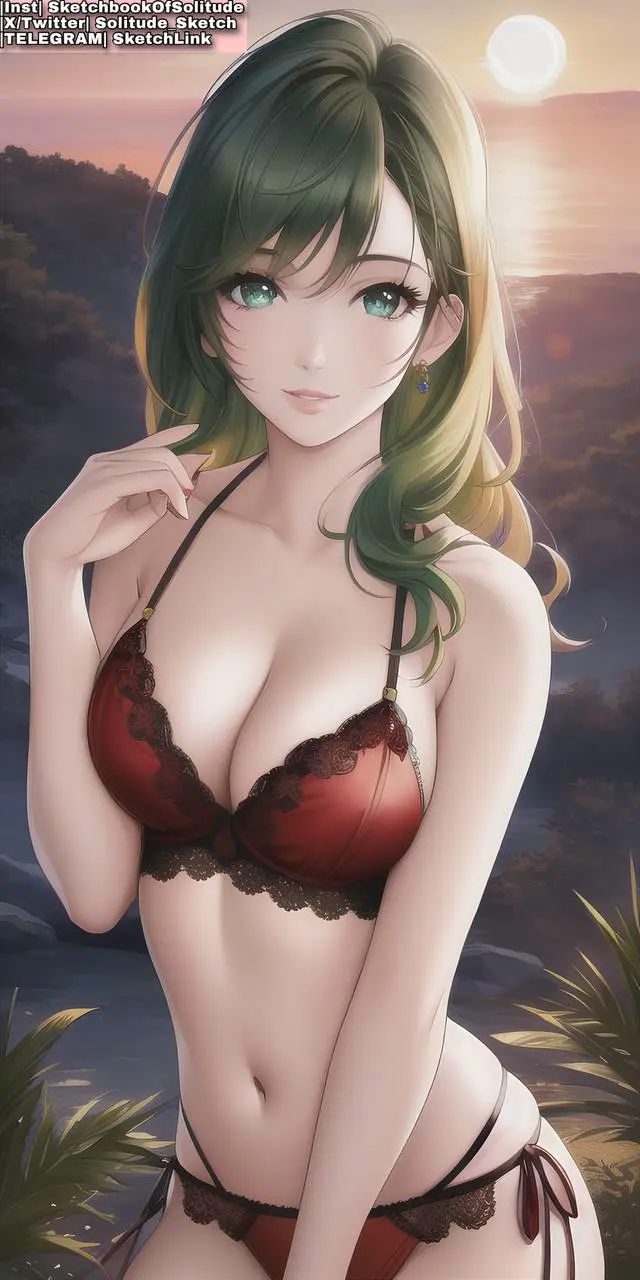 Image big_breasts,breasts,female,female_only,long_hair,bra,panties,underwear,waist,ai_generated,green_eyes,green_hair,slim_waist,female_human,anime,anime_style,red_panties,ai_hands,red_underwear,red_bra,soli_sketch