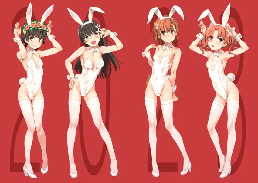Image breasts,female,female_only,long_hair,black_hair,multiple_girls,short_hair,thighhighs,small_breasts,flower_in_hair,thigh_socks,lingerie,medium_breasts,stockings,teenager,teenage_girl,brown_hair,socks,twintails,heels,high_heels,young,bunnysuit,playboy_bunny,fake_animal_ears,younger_female,flat_chest,4girls,to_aru_majutsu_no_index,misaka_mikoto,to_aru_kagaku_no_railgun,white_socks,hair_down,flowers,saten_ruiko,raika9,fake_bunny_ears,shirai_kuroko,socks_and_heels,teenagers,uiharu_kazari