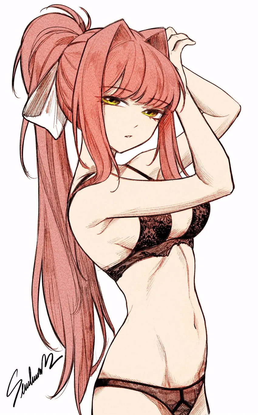 Image 1girls,breasts,female,female_only,human,human_only,long_hair,simple_background,solo,white_background,navel,bra,panties,female_focus,ponytail,lingerie,solo_female,solo_focus,green_eyes,black_panties,artist_signature,hair_intakes,female_human,signature,lingerie_bra,lingerie_only,lingerie_panties,doki_doki_literature_club,human_female,black_bra,monika_(doki_doki_literature_club),solid_color_background,matching_underwear,horneebogor7709,senukin_(artist)