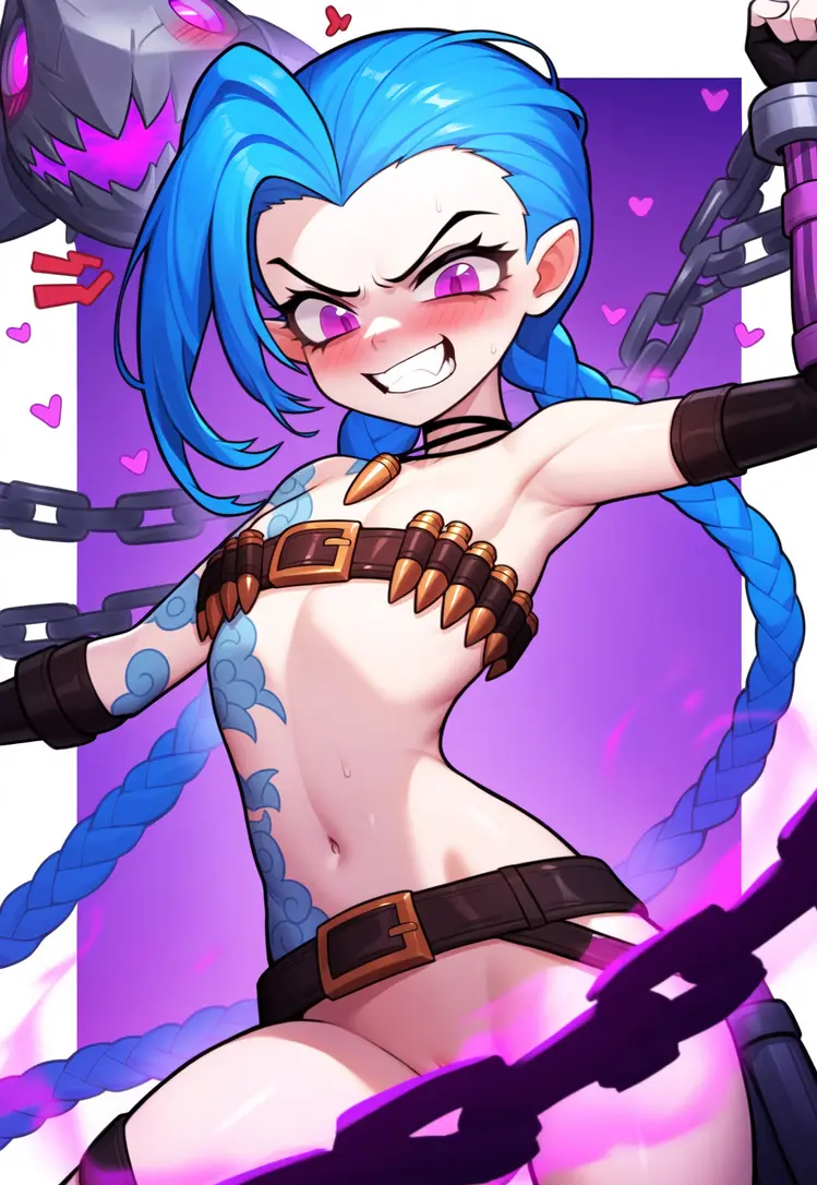 Image 1girls,blush,breasts,female,female_only,looking_at_viewer,solo,blue_hair,convenient_censoring,small_breasts,ai_generated,covered_nipples,grin,pussy_peek,purple_eyes,league_of_legends,flat_chest,chains,jinx_(league_of_legends),mostly_nude,barely_visible_pussy,convenient_censorship,lovelyaidoptables