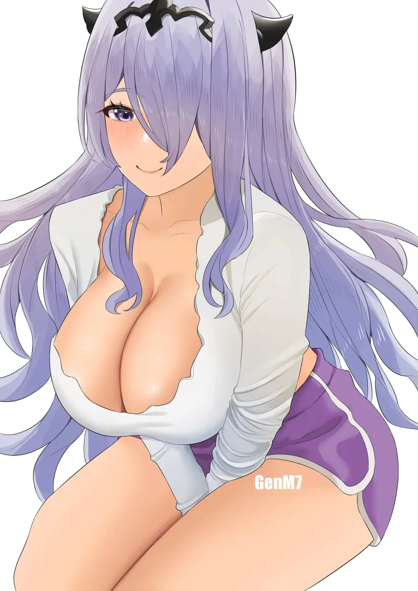 Image 1girls,breasts,female,female_only,highres,large_breasts,long_hair,looking_at_viewer,smile,solo,absurdres,hair_over_one_eye,horns,artist_name,cleavage,purple_eyes,purple_hair,nintendo,alternate_costume,shorts,fire_emblem,fire_emblem_fates,fake_horns,camilla_(fire_emblem),dolphin_shorts,genm7