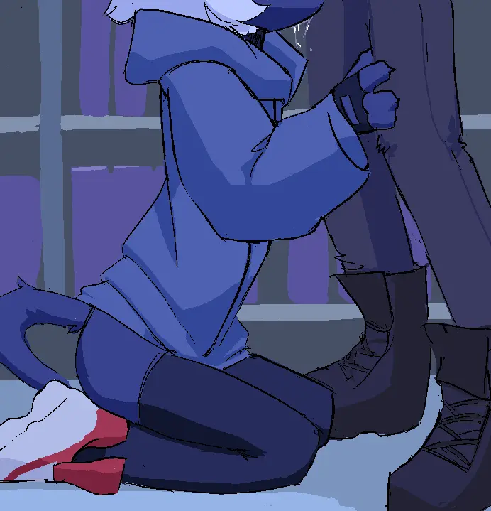 Image clothing,female,gloves,male,oral,sex,duo,fellatio,kneeling,male/female,anthro,slim,public,footwear,fur,mammal,feline,legwear,thigh_highs,blue_body,fingerless_gloves,hoodie,blue_fur,penile,topwear,handwear,felid,implied_sex,shoes,domestic_cat,felis,implied_oral,sneakers,store,public_sex,virteil