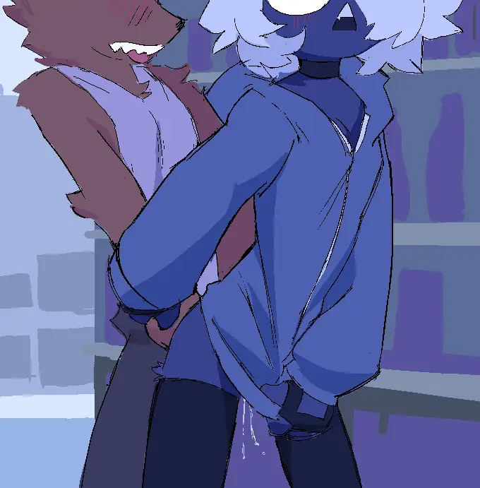 Image clothed,clothing,female,shirt,standing,white_hair,male,choker,sex,duo,jewelry,hair,male/female,anthro,slim,necklace,penetration,genital_fluids,bent_over,public,bodily_fluids,canid,canine,fur,inside,mammal,female_penetrated,male_penetrating,feline,legwear,thigh_highs,blue_body,standing_sex,pussy_juice_drip,dripping,hoodie,blue_fur,brown_fur,male_penetrating_female,tank_top,topwear,brown_body,felid,clothed_sex,domestic_cat,felis,vaginal_fluids,store,public_sex,virteil