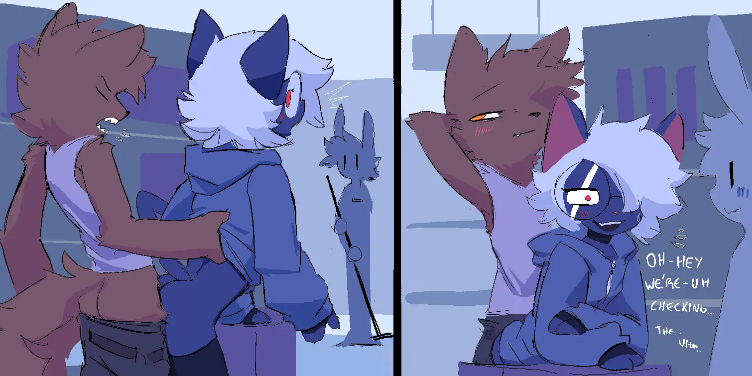 Image clothed,clothing,female,pants,red_eyes,shirt,white_hair,male,sex,duo,eyewear,glasses,hair,male/female,anthro,pants_down,slim,penetration,bent_over,public,canid,canine,fur,mammal,female_penetrated,male_penetrating,partially_clothed,feline,blue_body,hoodie,blue_fur,brown_fur,male_penetrating_female,tank_top,topwear,brown_body,felid,caught,clothed_sex,domestic_cat,felis,bottomwear,bottomwear_down,round_glasses,public_sex,stealth_sex,virteil,big_glasses