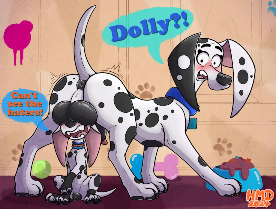 Image blush,female,white_hair,black_hair,penis,pussy,tail,background,ass,disney,looking_back,white_skin,futa_on_female,futanari,intersex,vagina,balls,text,sitting,cock,dick,collar,dickgirl,canid,canine,canis,domestic_dog,genitals,mammal,dialogue,paws,rear_view,black_body,black_nose,dialog,balls_on_face,white_body,looking_over_shoulder,text_box,speech_bubble,talking,text_bubble,long_ears,animal_genitalia,animal_penis,canine_genitalia,raised_tail,white_fur,feral,feral_only,ballsack,black_fur,spots,canine_pussy,dalmatian,dialogue_bubble,animal,black_spots,black_balls,talking_to_partner,adult,adult_and_teenager,complex_background,rear,101_dalmatian_street,101_dalmatians,delilah_(101_dalmatians),dog_food,dolly_(101_dalmatians),hmdkoba