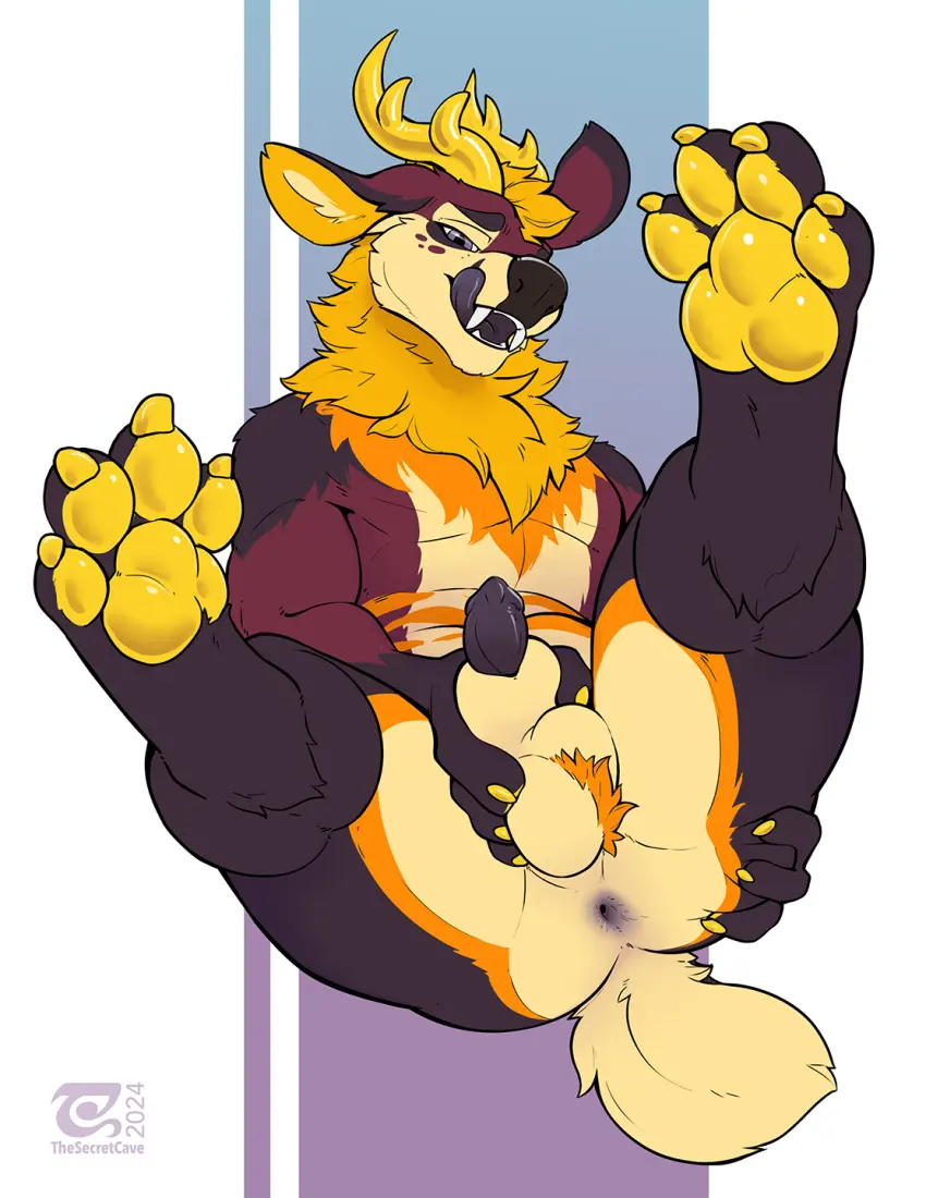 Image hi_res,solo,1boy,male,penis,male_only,balls,anthro,anus,canid,genitals,mammal,claws,deer,animal_genitalia,sheath,hybrid,penis_tip,black_penis,pawpads,black_anus,yellow_pawpads,thesecretcave,yellow_claws,gomi