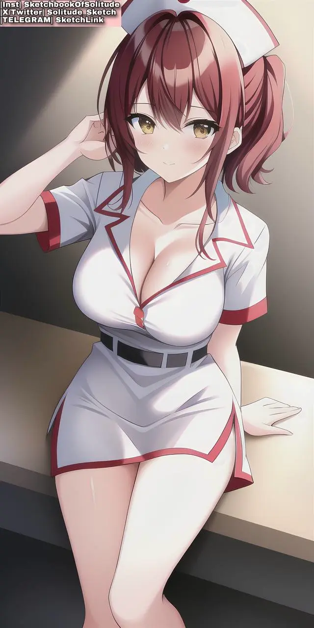 Image big_breasts,breasts,female,female_only,yellow_eyes,red_hair,ai_generated,female_human,anime,anime_style,nurse_cap,ai_hands,nurse,nurse_uniform,doctor,nurse_hat,soli_sketch,nurse_clothing