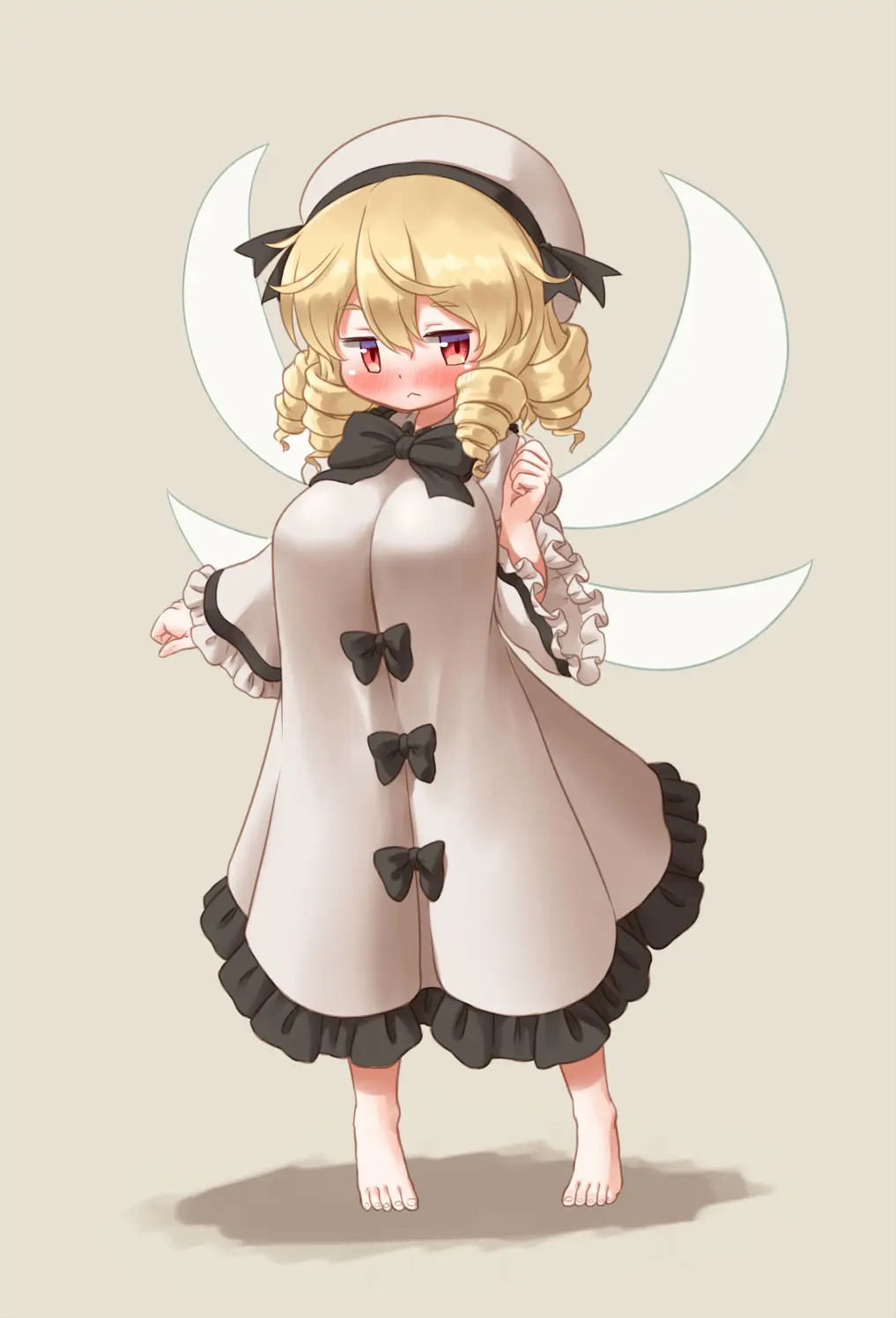 Image 1girls,breasts,female,highres,large_breasts,long_sleeves,red_eyes,simple_background,solo,touhou,hat,barefoot,solo_focus,huge_breasts,wings,blonde_hair,white_dress,wide_sleeves,black_ribbon,drill_hair,fairy,fairy_wings,frilled_dress,arinu,chestnut_mouth,luna_child