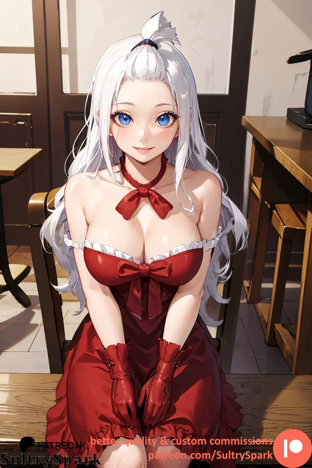 Image breasts,female,large_breasts,looking_at_viewer,blue_eyes,gloves,patreon,patreon_username,ai_generated,dress,indoors,ribbon,commission,white_eyes,red_gloves,red_ribbon,fairy_tail,red_outfit,sultryspark,mirajane_strauss