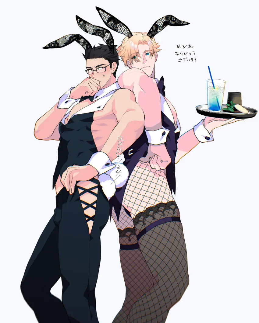 Image blush,highres,standing,absurdres,animal_ears,black_hair,male,tail,ass,thighs,muscular,muscular_male,2boys,crossdressing,male_only,yaoi,glasses,blonde_hair,couple,bunny_ears,rabbit_ears,bara,multiple_boys,thick_eyebrows,from_side,alternate_costume,holding,fishnets,playboy_bunny,tray,translation_request,japanese_text,fake_animal_ears,pectorals,pantyhose,facial_hair,large_pectorals,no_visible_genitalia,rabbit_tail,stubble,male_playboy_bunny,masculine_crossdresser,wrist_cuffs,fishnet_pantyhose,waiter,holding_tray,sideburns_stubble,bespectacled,back-to-back,ao_isami,lewis_smith,yuuki_bakuhatsu_bang_bravern,bulge_peek,llld_(2ldk1241),sidepec,tails_touching
