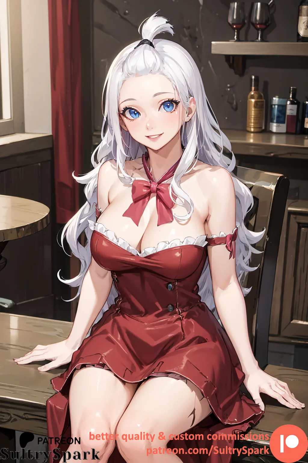 Image breasts,female,large_breasts,looking_at_viewer,blue_eyes,gloves,patreon,patreon_username,ai_generated,dress,indoors,ribbon,commission,white_eyes,red_gloves,red_ribbon,fairy_tail,red_outfit,sultryspark,mirajane_strauss