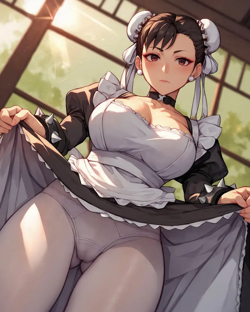 Image 1girls,big_breasts,breasts,brown_eyes,female,female_only,looking_at_viewer,no_bra,solo,standing,choker,panties,ass,earrings,thick_thighs,thighs,voluptuous,milf,dutch_angle,ai_generated,twin_buns,cleavage,jewelry,solo_focus,ass_visible_through_thighs,huge_breasts,stable_diffusion,dress,nai_diffusion,pinup,brown_hair,double_bun,mature_female,dress_lift,lifted_by_self,maid,maid_outfit,maid_uniform,collar,from_below,maid_headdress,bracelet,makeup,apron,lipstick,mature,sagging_breasts,pantyhose,spiked_bracelet,capcom,chun-li,street_fighter,viewed_from_below,maid_apron,panties_under_pantyhose,pantyshot,adapted_costume,shoulder_pads,alex-schura,pantyshot_(standing)