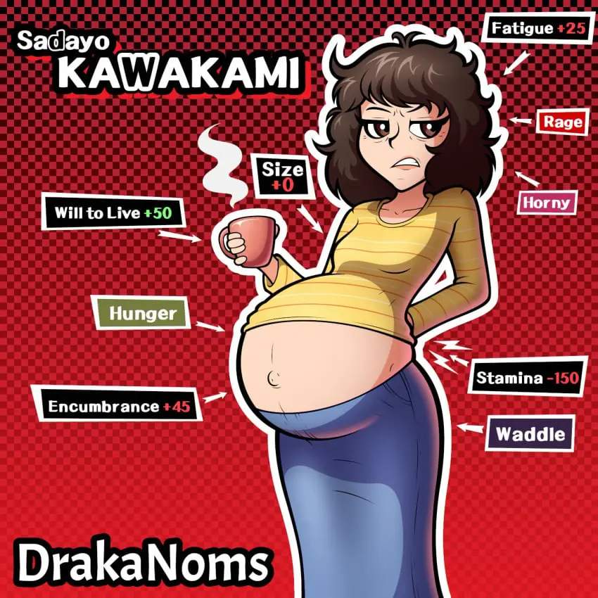 Image brown_eyes,long_sleeves,bare_belly,bare_midriff,belly,belly_button,big_belly,popped_navel,pregnant,pregnant_belly,pregnant_female,skirt,atlus,persona,brown_fur,persona_5,stripes,tired,messy_hair,frustrated,sadayo_kawakami,coffee_mug,ill_fitting_clothing,drakanoms
